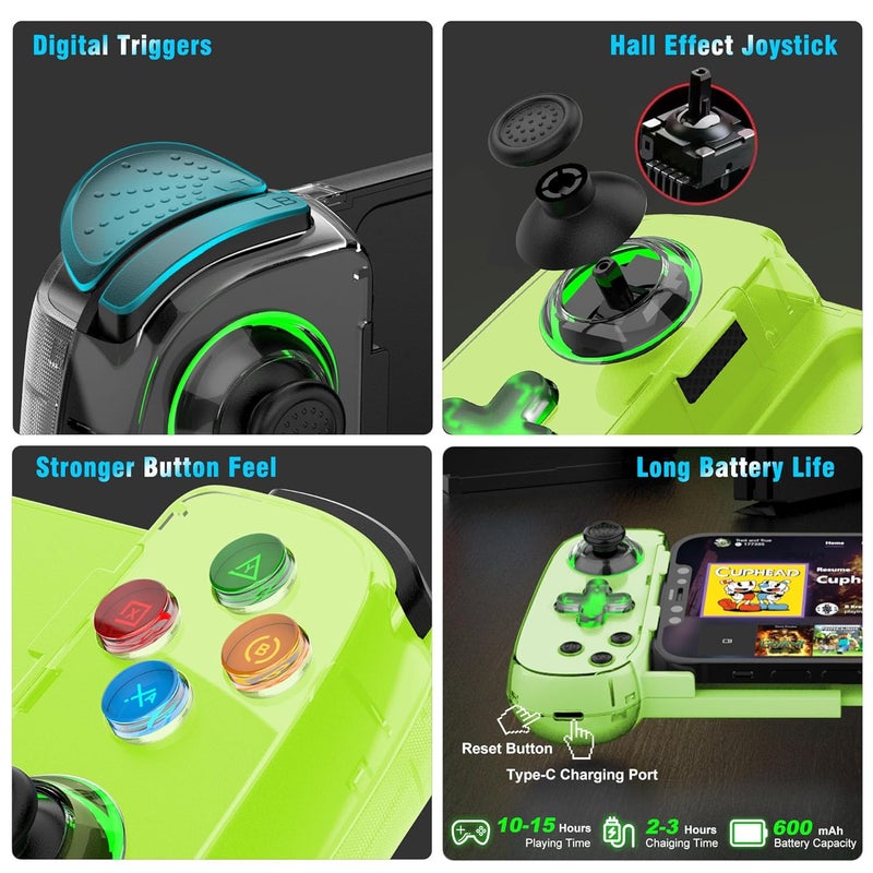 Joso Wireless Phone Controller for iPhone/Android, Mobile Game Controller with Hall Joystick Suitable for Xbox Cloud Gaming, PS Remote Play, Steam Link, Call of Duty & More - Green with Rocker Light - Image 4